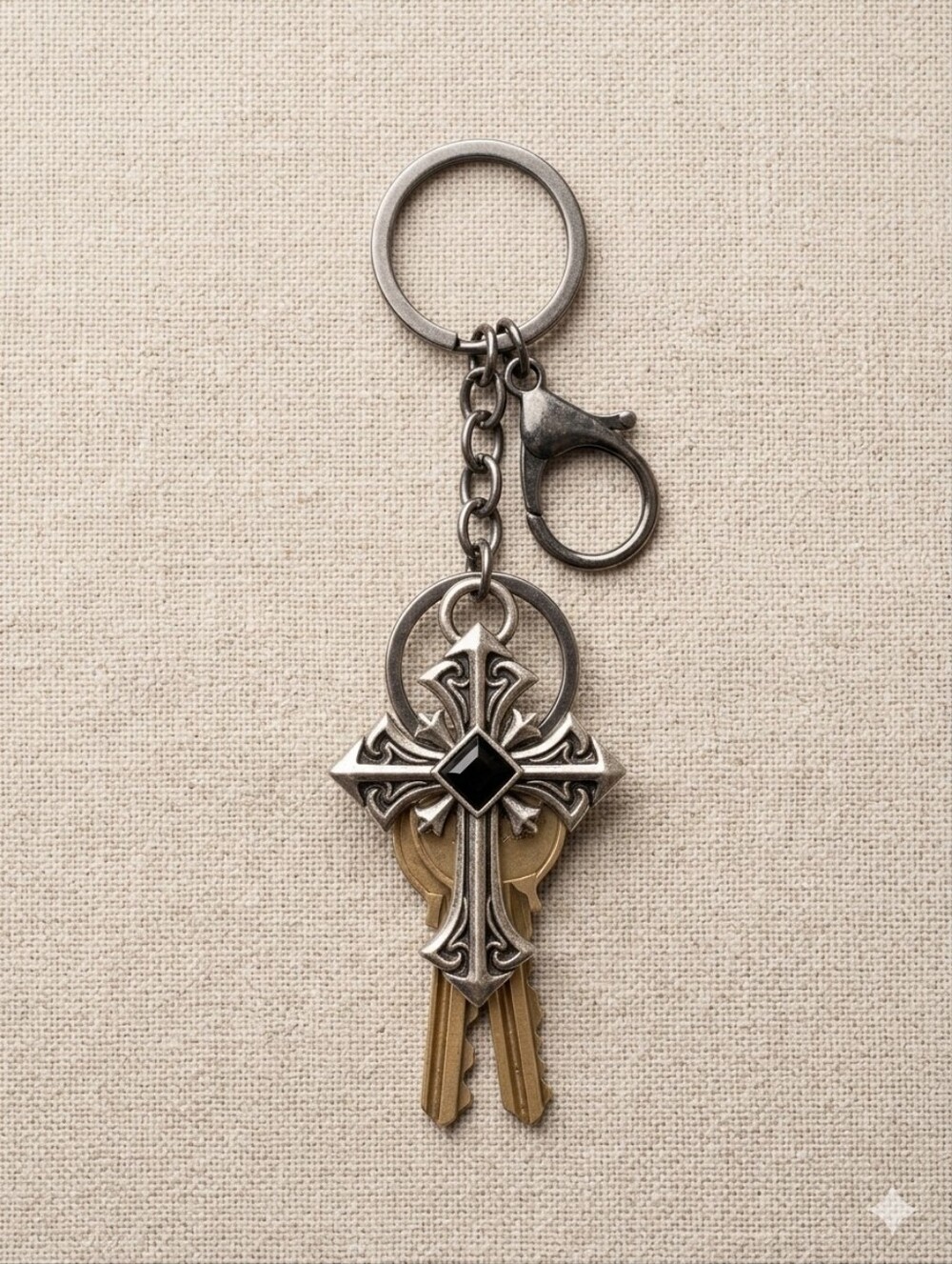 Goth Cross Keychain Silver Tone Black Emblem